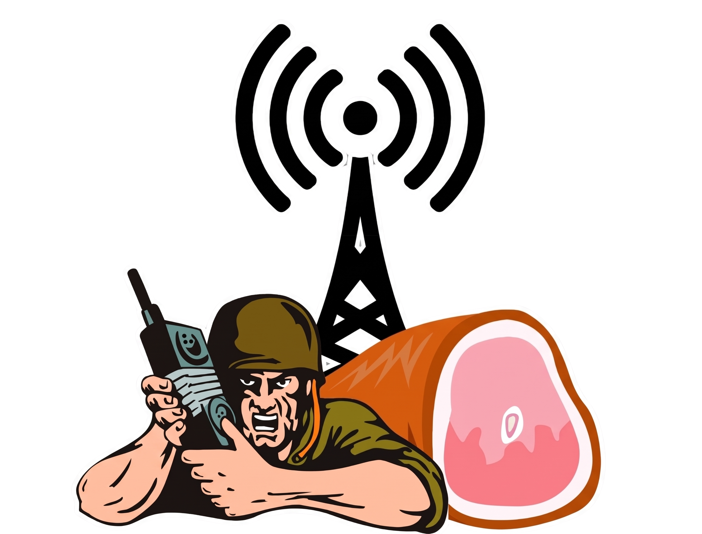 Soldier holding radio in front of a ham hawk and radio tower