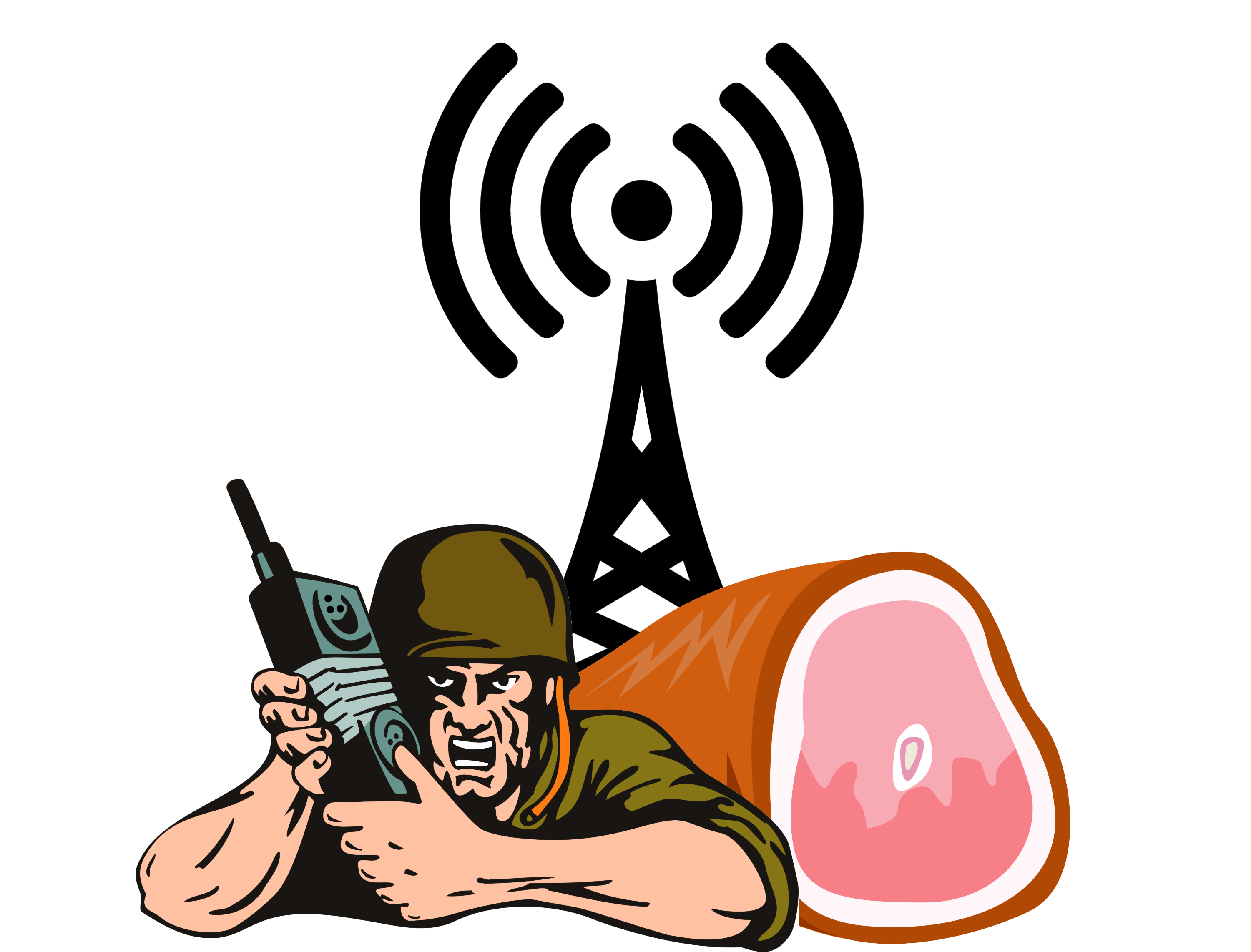 Soldier holding radio in front of a ham hawk and radio tower